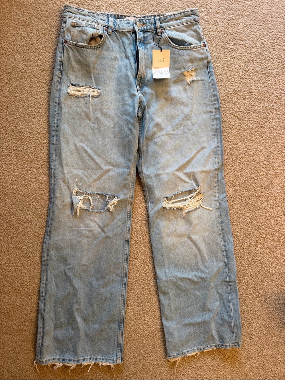 Zara Light Blue Distressed Wide-Leg Jeans